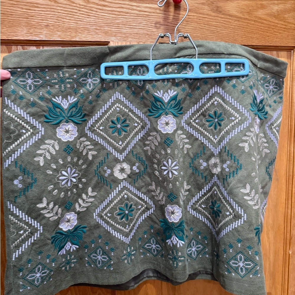 Embroidered Olive Green Skirt with Teal & White Floral Motif